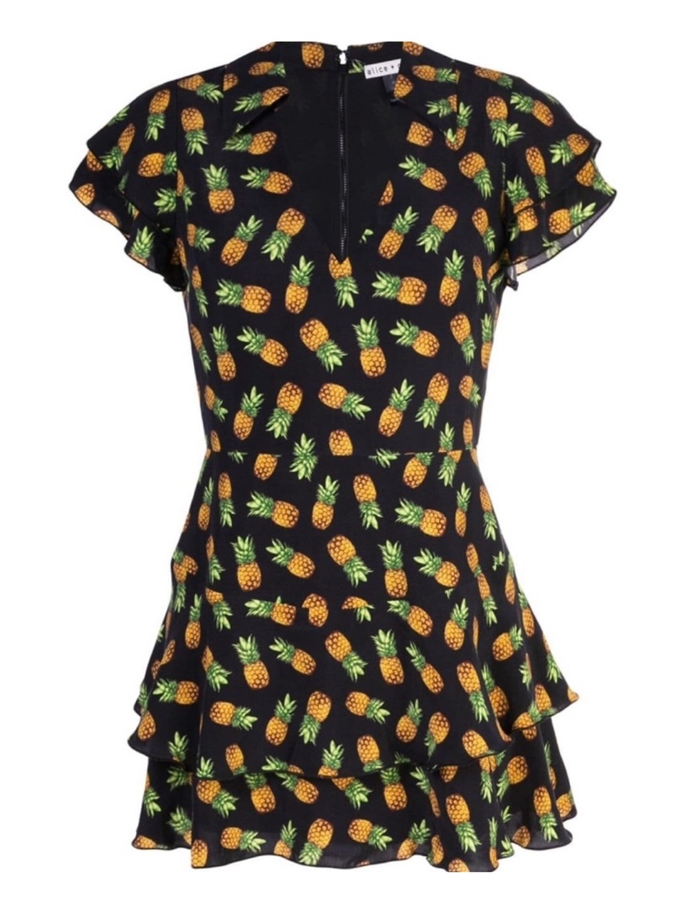 ALICE + OLIVIA Cupro Pineapple Mini Dress Tiered Ruffle Skirt Short Sleeves 12